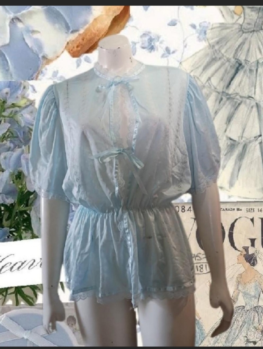 Vtg 50s 60s Sz M/L baby blue short sleeve sheer babydoll style Lace bed jacket